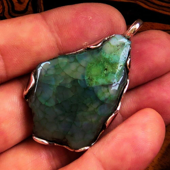 Green Agate Amulet, Sterling Silver Pendant, Artwork Pendant, green druzy Agate, Unique Design Amulet, Gift for Her, Agate Necklace, Jewelry