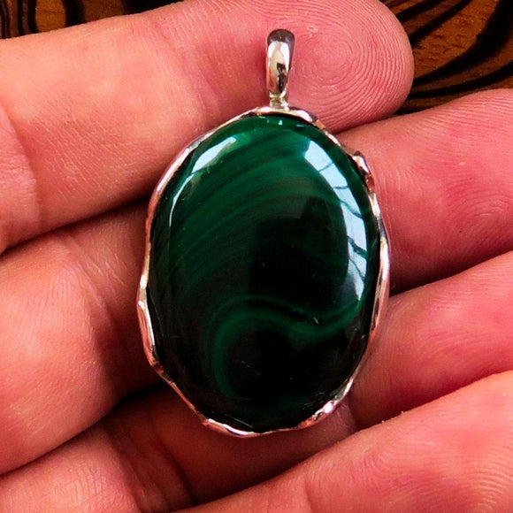 Natural Malachite Amulet, Sterling Silver Pendant, Oval shaped Pendant, green Malachite Cabochon, Minimalist necklace, Malachite Necklace