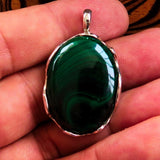 Natural Malachite Amulet, Sterling Silver Pendant, Oval shaped Pendant, green Malachite Cabochon, Minimalist necklace, Malachite Necklace