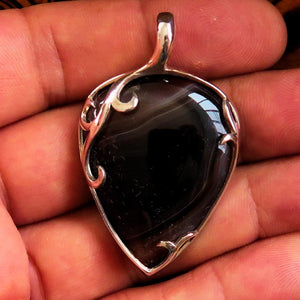 Black Agate Pendant, Sterling Silver Pendant, Floral design, black Agate cabochon, unique design, gift for her, Black Agate Amulet, Necklace