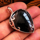 Black Agate Pendant, Sterling Silver Pendant, Floral design, black Agate cabochon, unique design, gift for her, Black Agate Amulet, Necklace