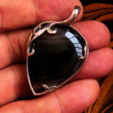 Black Agate Pendant, Sterling Silver Pendant, Floral design, black Agate cabochon, unique design, gift for her, Black Agate Amulet, Necklace