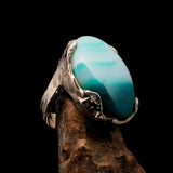 Green Agate silver ring, Sterling Silver ring, Artwork Ring, green white Agate Cabochon, Handmade Silver Ring, Unique Design, Gift - Size 8