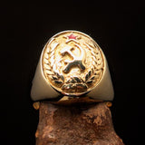 Oval shaped Communist Costume Pinky Ring Red Star Hammer Sickle Crest - Brass