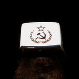 Square shaped Communist Pinky Ring Red Star Hammer Sickle Crest - Sterling Silver