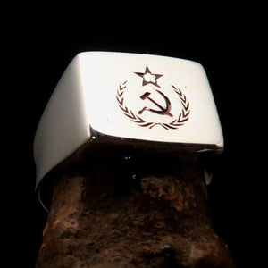 Square shaped Communist Pinky Ring Red Star Hammer Sickle Crest - Sterling Silver