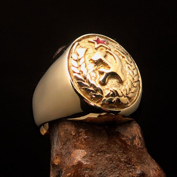 Oval shaped Communist Costume Pinky Ring Red Star Hammer Sickle Crest - Brass