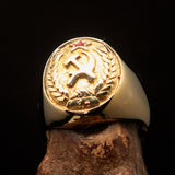 Oval shaped Communist Costume Pinky Ring Red Star Hammer Sickle Crest - Brass