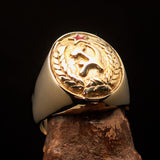 Oval shaped Communist Costume Pinky Ring Red Star Hammer Sickle Crest - Brass