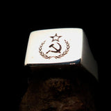 Square shaped Communist Pinky Ring Red Star Hammer Sickle Crest - Sterling Silver