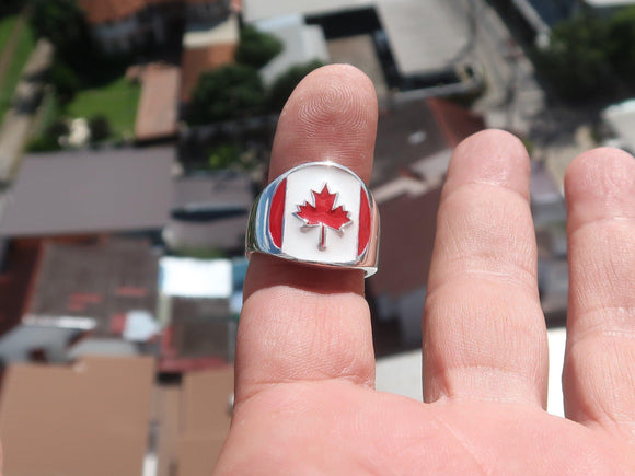 Canadian Flag Ring, Flag of Canada, Pinky Ring, Costume Ring, Maple Leaf Ring, Fan Apparel, Sport Event Outfit, Men's Ring - Sterling Silver