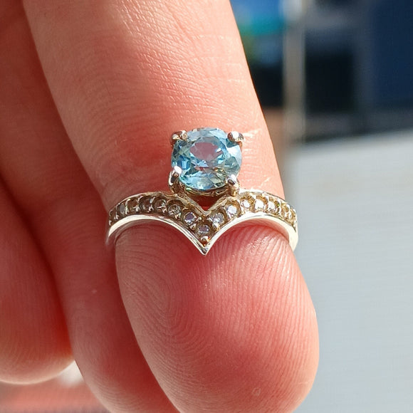 Natural Blue Zircon Ring, Sterling Silver Solitaire Ring, round Cut Blue Zircon and 15 CZ handmade silver ring, V-Shape Ring - Size 5.75