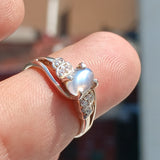 Moonstone Ring, Moonstone Silver Ring, Gemstone Sterling Silver Solitaire Ring, oval shaped Ceylon Moonstone and 6 CZ handmade ring Size 6.5