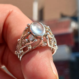 Moonstone Ring, Moonstone Silver Ring, Mount Gemstone Sterling Silver Ring, oval shaped Ceylon Moonstone and 10 CZ handmade ring - Size 7