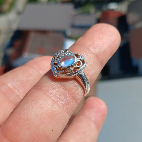 Moonstone Ring, Moonstone Silver Ring, Heart shaped Ring, Sterling Silver Ring, oval shaped Ceylon Moonstone and 1 CZ handmade ring - Size 7