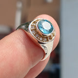 Natural Blue Zircon Ring, Sterling Silver Solitaire Ring, oval Cut Blue Zircon and 14 CZ handmade silver ring, gift for her - Size 5.75