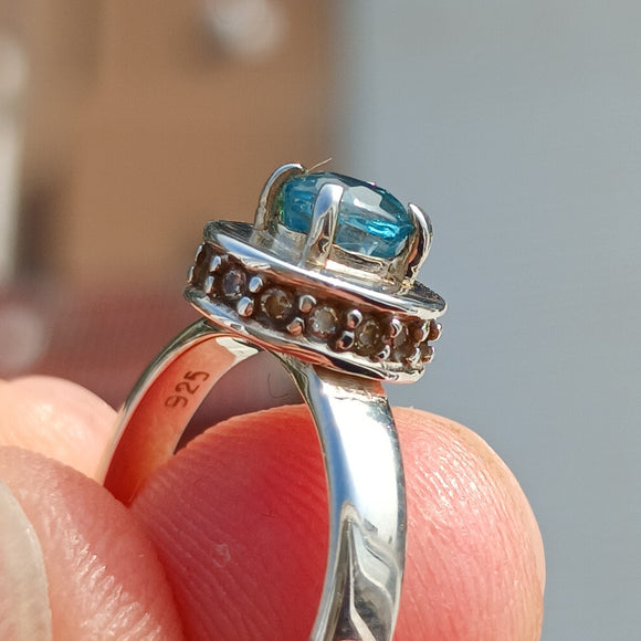 Natural Blue Zircon Ring, Sterling Silver Solitaire Ring, oval Cut Blue Zircon and 15 CZ handmade silver ring, gift for her - Size 5