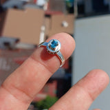 Blue Zircon Ring, Natural Gemstone Ring, Sterling Silver Ring, Cocktail Ring, oval Cut Blue Zircon, 14 white CZ, gift for her - Size 5.5