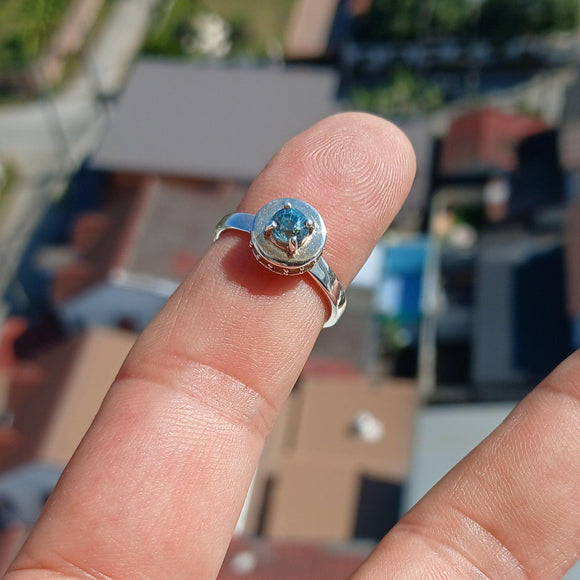 Blue Zircon Ring, Natural Gemstone Ring, Sterling Silver Ring, Cocktail Ring, round Cut Blue Zircon, 14 white CZ, gift for her - Size 6.5