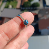 Blue Zircon Ring, Natural Gemstone Ring, Sterling Silver Ring, Solitaire Band Ring, round Cut Blue Zircon, 8 white CZ, gift for her - Size 6