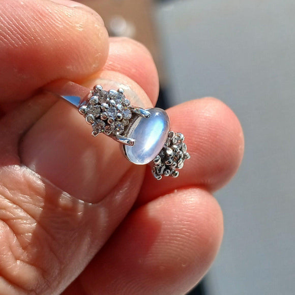 Natural Moonstone Ring, Gemstone Ring, Sterling Silver Ring, Solitaire Ring, oval Ceylon Moonstone, 14 CZ, moonstone jewelry, gift, Size 6.5