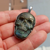 Skull Pendant, Hand crafted Skull Amulet, Labradorite Skull Pendant, Skull Amulet, Labradorite Stone Carving, Men's Amulet - Sterling Silver