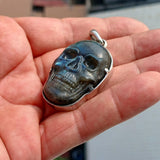 Skull Amulet, Hand crafted Skull Amulet, Labradorite Skull Pendant, Skull Pendant, Labradorite Skull Carving, Men's Amulet - Sterling Silver