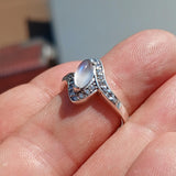 Moonstone Ring, Sterling Silver ring, Solitaire Ring with marquise shaped Ceylon Moonstone and 22 CZ, Gift for her, unique design - Size 7.5