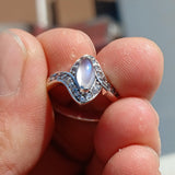 Moonstone Ring, Sterling Silver ring, Solitaire Ring with marquise shaped Ceylon Moonstone and 22 CZ, Gift for her, unique design - Size 7.5