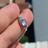 Moonstone Ring, Natural Gemstone Ring, Sterling Silver Ring, Solitaire Ring, oval Ceylon Moonstone, 4 CZ, moonstone jewelry, gift, Size 6.5