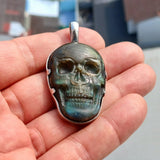 Skull Pendant, Hand crafted Skull Amulet, Labradorite Skull Pendant, Skull Amulet, Labradorite Stone Carving, Men's Amulet - Sterling Silver