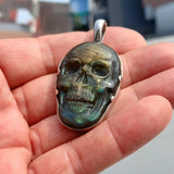 Skull Pendant, Hand crafted Skull Amulet, Labradorite Skull Pendant, Skull Amulet, Labradorite Stone Carving, Men's Amulet - Sterling Silver