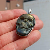 Skull Pendant, Hand crafted Skull Amulet, Labradorite Skull Pendant, Skull Amulet, Labradorite Stone Carving, Men's Amulet - Sterling Silver