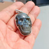 Skull Amulet, Hand crafted Skull Amulet, Labradorite Skull Pendant, Skull Pendant, Labradorite Skull Carving, Men's Amulet - Sterling Silver