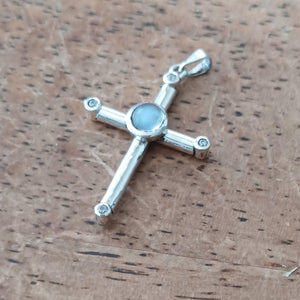 Moonstone Pendant, Sterling Silver Pendant, Cross pendant, Crucifix Pendant, round Ceylon Moonstone and 4 CZ, moonstone necklace, gift girl