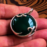 Round Agate Pendant, Sterling Silver Pendant, Artwork Pendant, green Agate cabochon, gift for her, unique design, sterling silver amulet