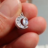 Moonstone Pendant, crescent Moon Pendant, Sterling Silver Pendant, Moonstone CZ Necklace, Ceylon Moonstone and 7 CZ, gift, Moonstone Charm