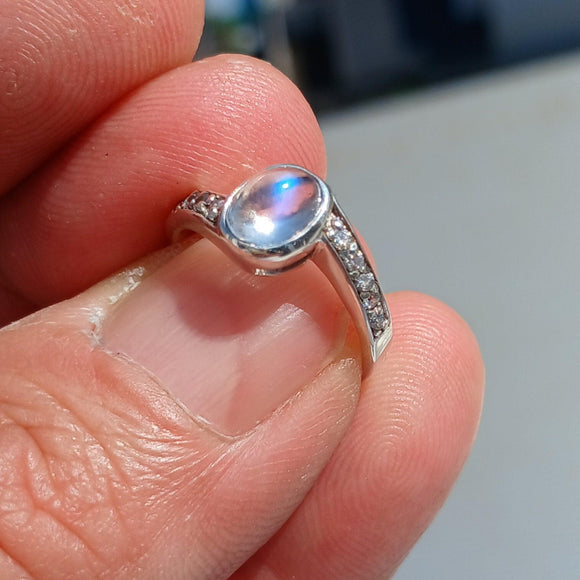 Moonstone Ring, Gemstone Ring, Sterling Silver Ring, Solitaire Ring, oval shaped Ceylon Moonstone and 10 CZ, Gift for Her, unique, Size 5.5