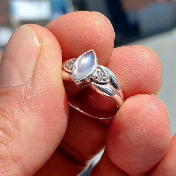 Moonstone Ring, Gemstone Ring, Sterling Silver Ring, Solitaire Ring, Marquise Ceylon Moonstone and 2 CZ, Gift for Her, unique, Size 6.5