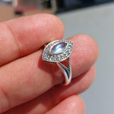 Moonstone Ring, Gemstone Ring, Sterling Silver Ring, Cocktail Ring, Marquise Ceylon Moonstone and 18 CZ, Gift for Her, unique, Size 7.5