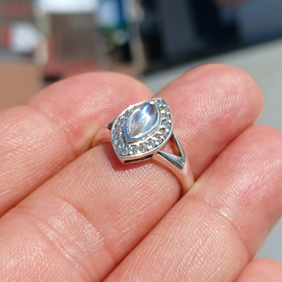 Moonstone Ring, Gemstone Ring, Sterling Silver Ring, Cocktail Ring, Marquise Ceylon Moonstone and 18 CZ, Gift for Her, unique, Size 7.5