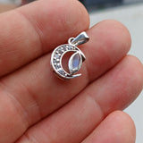 Crescent Moonstone Pendant, crescent Moon Pendant, Sterling Silver Pendant, Moonstone CZ Necklace, Ceylon Moonstone and 7 CZ, gift, Moonstone Charm