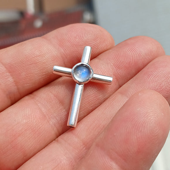 Natural Moonstone Pendant, Sterling Silver Pendant, Cross pendant, Crucifix Pendant, round Ceylon Moonstone, moonstone necklace, religious gift