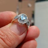 Blue Aquamarine Ring, Sterling Silver Ring, Cocktail Ring, Solitaire Ring with oval Cut Blue Aquamarine and CZ, Gift for her - Size 7