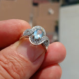 Blue Aquamarine Ring, Sterling Silver Ring, Cocktail Ring, Solitaire Ring with oval Cut Blue Aquamarine and CZ, Gift for her - Size 7