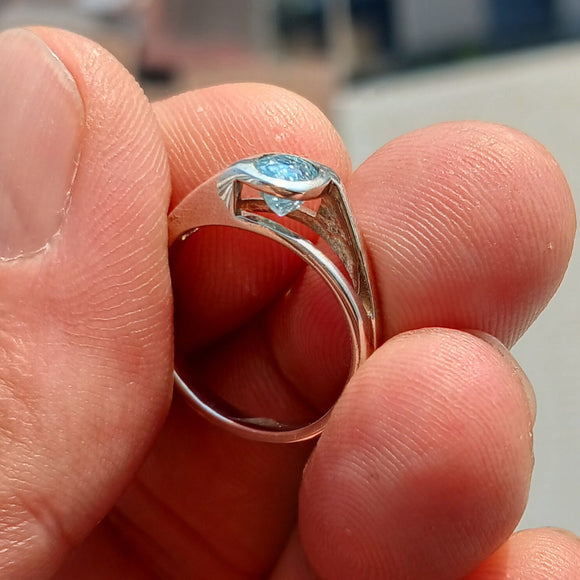 Natural Blue Zircon Ring, Sterling Silver Ring, Blue Gemstone Ring, Solitaire Ring, Oval Natural Blue Zircon, Gift for Her, Unique Design - Size 5.5