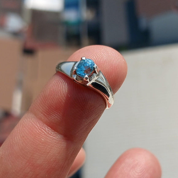 Blue Zircon Ring, Sterling Silver Ring, Blue Gemstone Ring, Solitaire Ring, Oval Natural Blue Zircon, Gift for Her, Unique Design - Size 4.5