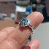 Nice Natural Blue Zircon Ring, Heart shaped Zircon Ring, Sterling Silver Ring, Solitaire Ring,  round Cut Blue Zircon and 4 CZ, Gift, - Size 6.5