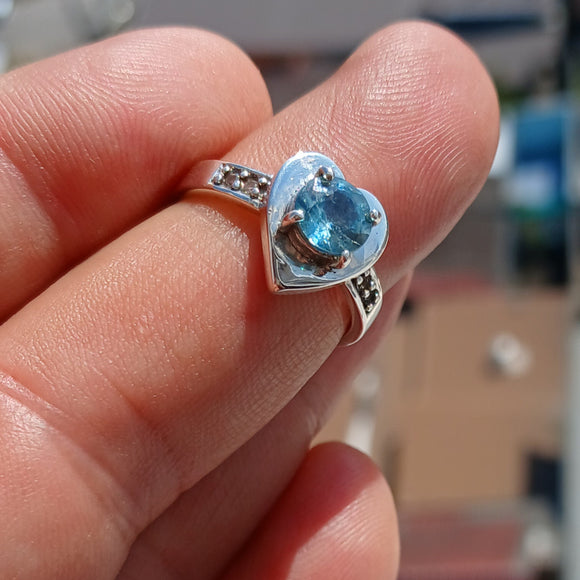 Nice Natural Blue Zircon Ring, Heart shaped Zircon Ring, Sterling Silver Ring, Solitaire Ring,  round Cut Blue Zircon and 4 CZ, Gift, - Size 6.5