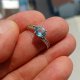 Blue Zircon Ring, Handmade silver ring, Gemstone Ring, Sterling Silver Ring, Solitaire Ring with oval Cut Blue Zircon and 10 CZ - Size 7.5